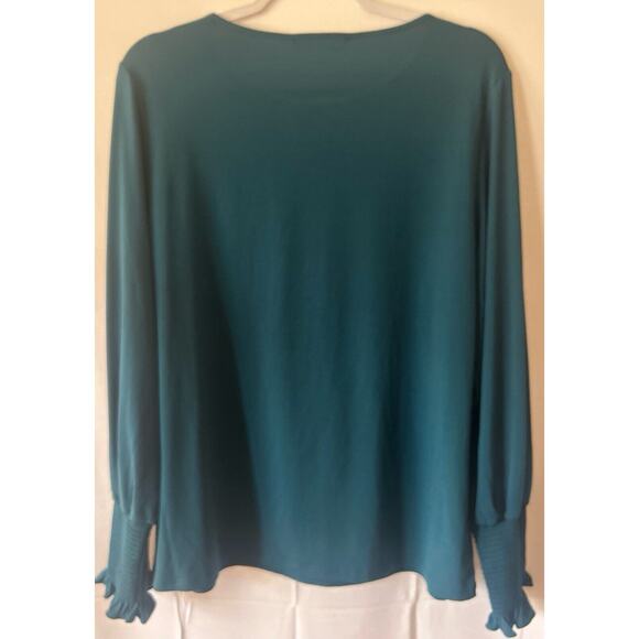 Preston and York Green Blue Large Top Blouse Long Sleeve Elastic Ruffled Wrist - Picture 6 of 6